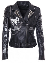 Gothic Punk Leather Jacket – Scorpion Patch, Shoulder Epaulettes & Belted Waist, Studded Moto Fit for Women